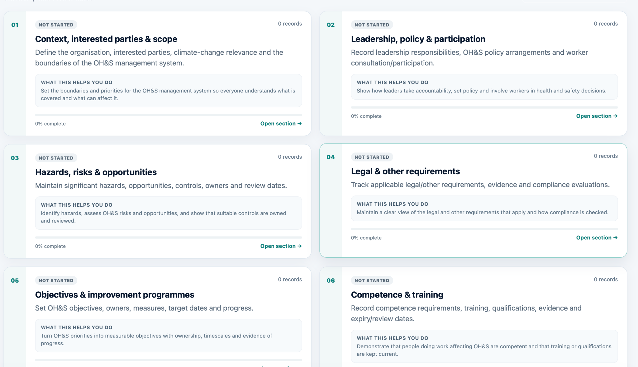 Examples of guided ISO 45001 management system sections in OrcaSure